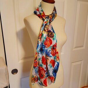 Vintage Floral Rose Artist Scarf Satin Shimmery Parisian Romantic 13.5 x 60 inch